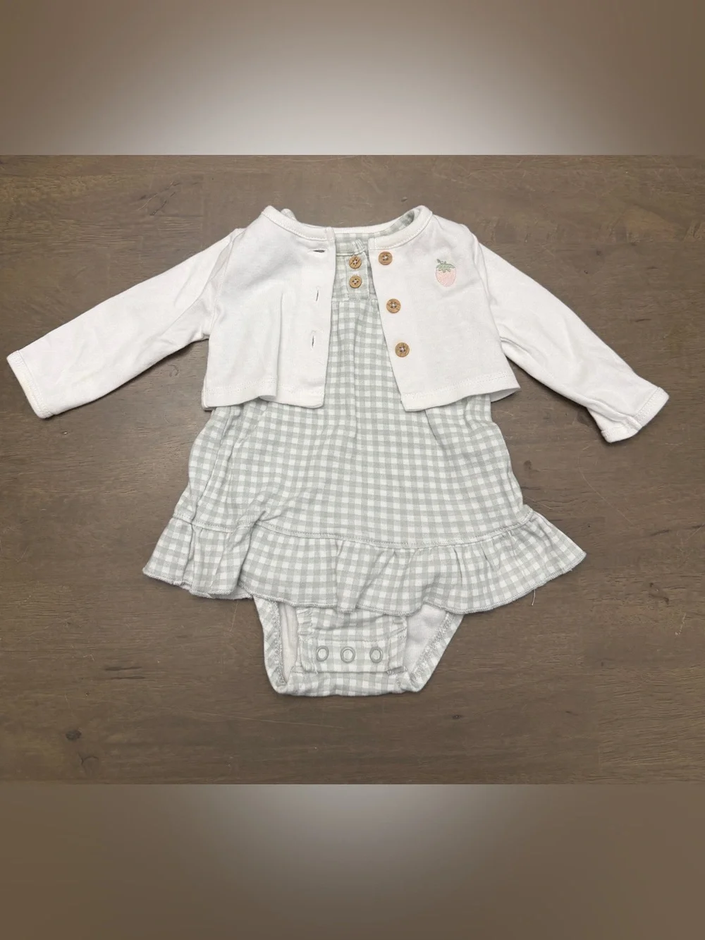 Carter's Baby NB Newborn 2pc Dress Set White Cardigan Green Gingham Strawberry
